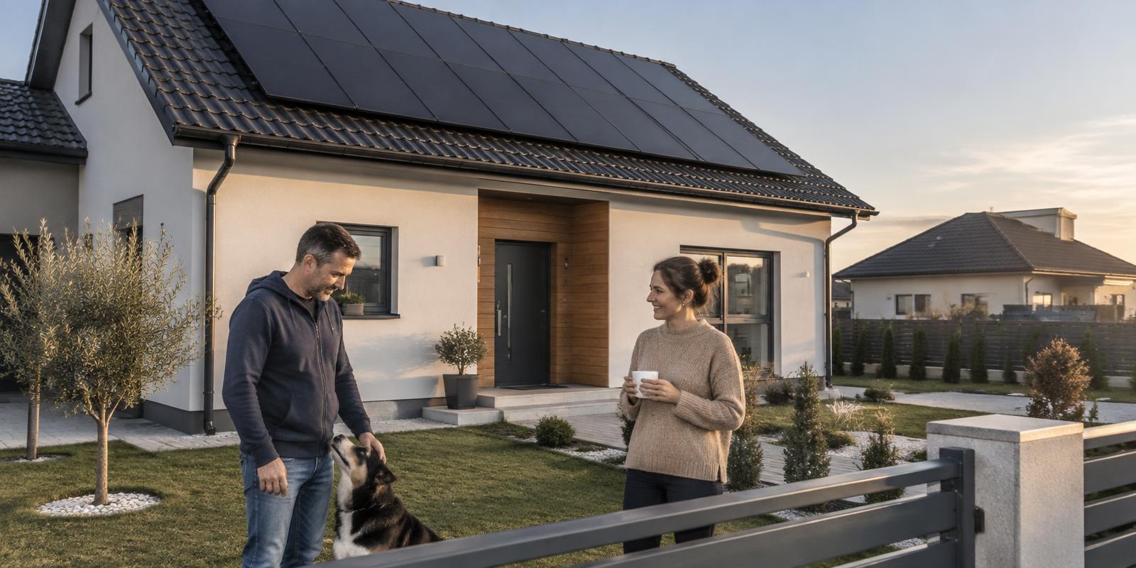 Familie în fața casei cu panouri solare