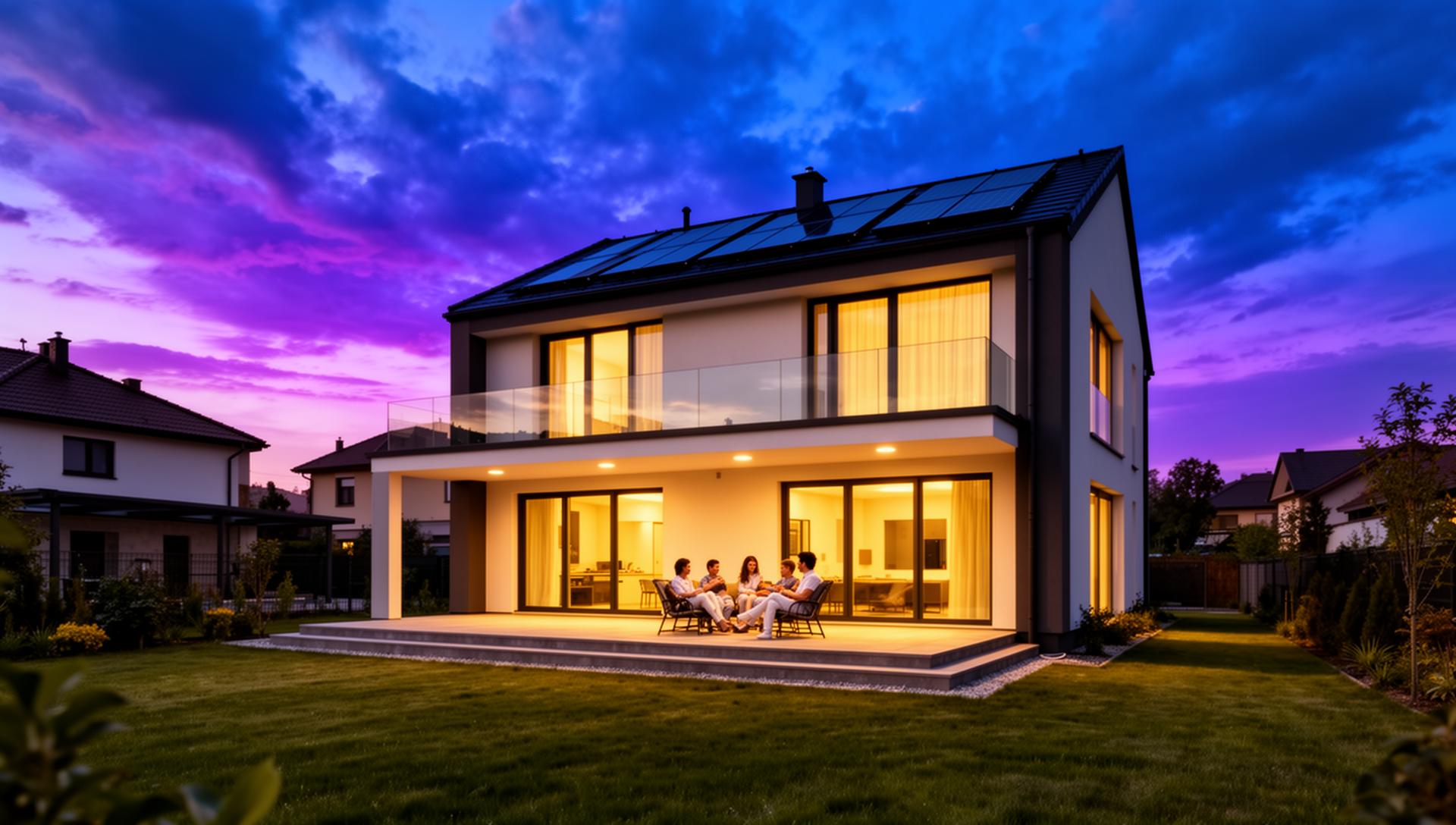 Familie relaxându-se pe terasa casei moderne cu panouri solare