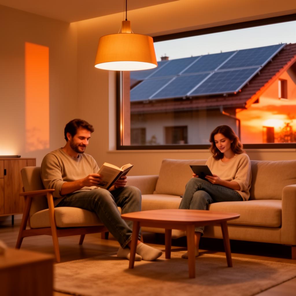 Familie relaxată în living-ul de seară, cu panourile solare ale casei vizibile pe fereastră
